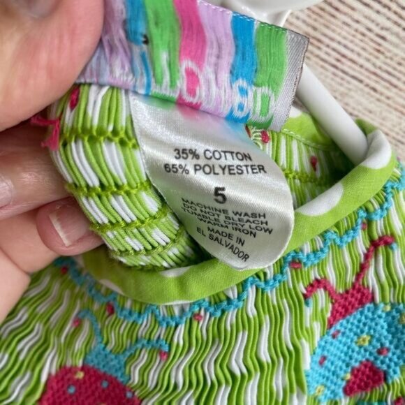 STITCHED AND SMOCKED GREEN AND WHITE POLKA DOT DRESS WITH EMBROIDERED LADYBUGS - Picture 9 of 9